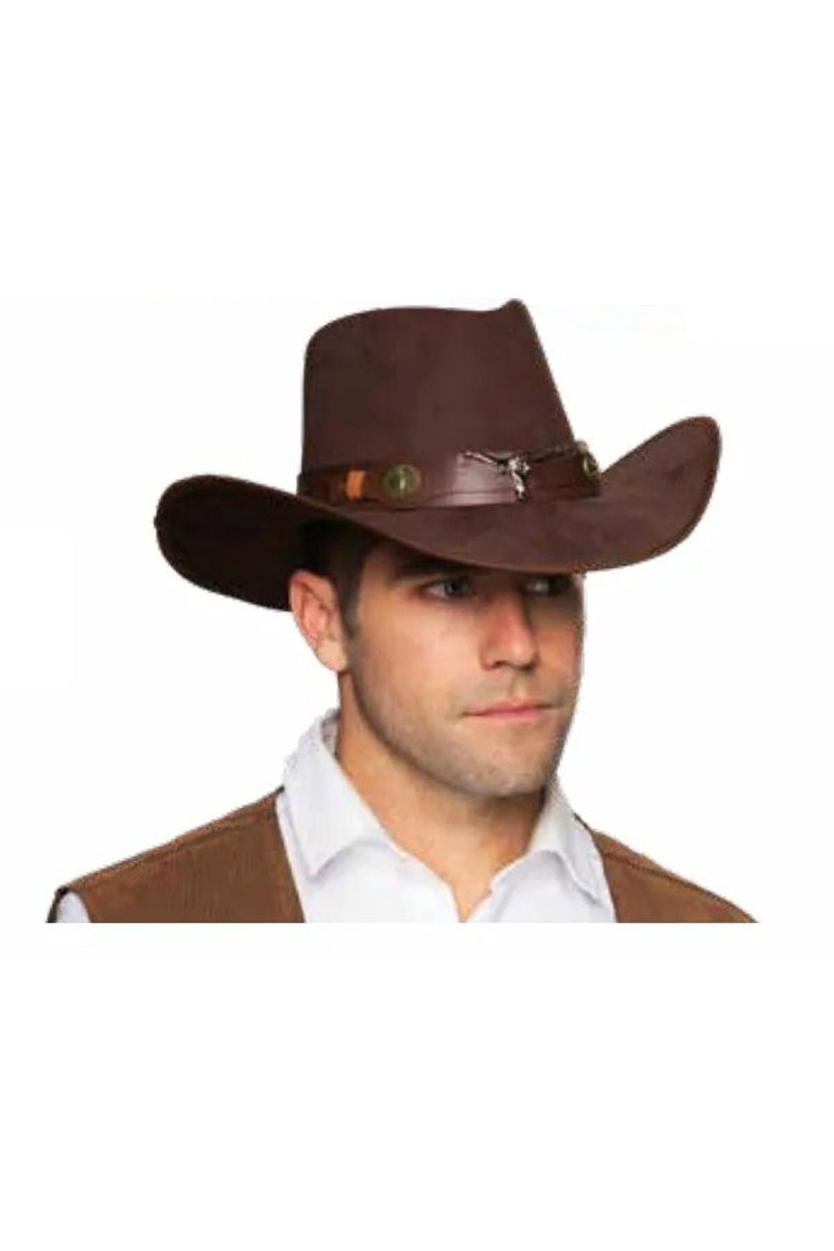 Cowboy Hat With Bull Horns And Brown Faux Leather Band Underwraps 30889
