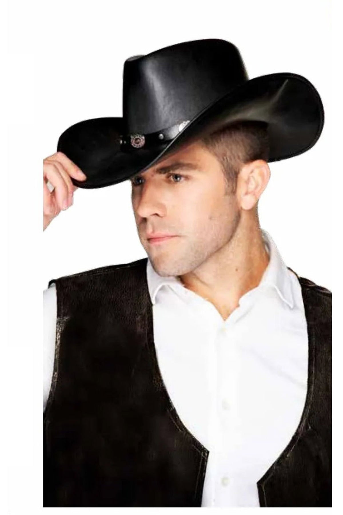 Black Faux Leather Cowboy Hat With Silver Conch Trim Underwraps 30891