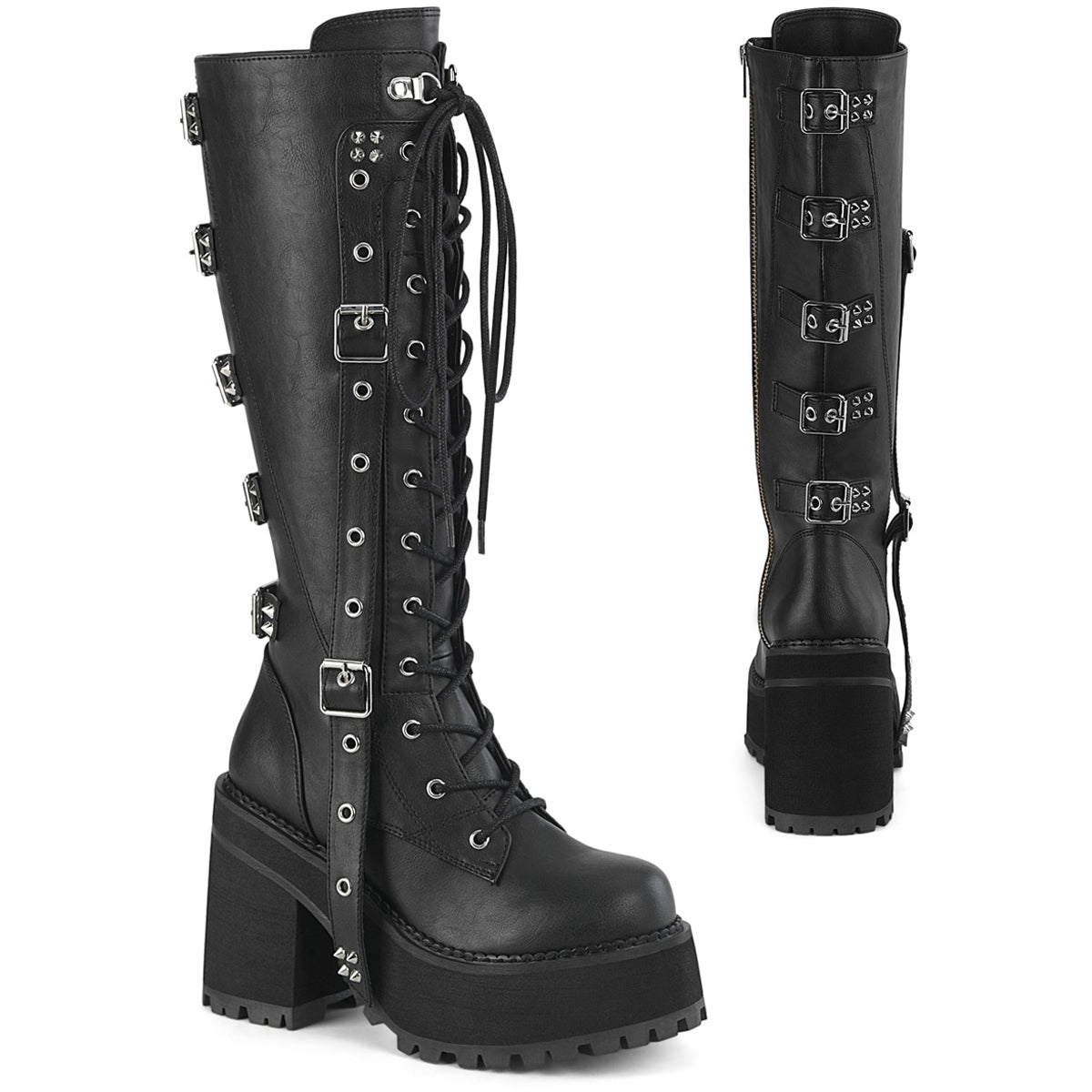 4 3/4" Heel, 2 1/4" Pf Lace-Up Knee High Boot, Inside Zip Pleaser Demonia ASSAULT/218