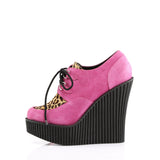 5 1/4" Wedge PF Lace-Up Creeper w/Leopard Print Accents H.Pink Vegan Suede-Leopard Printed Pony Hair Pleaser Demonia CREEPER/304