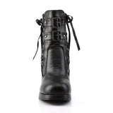 4" Heel, 3/4" P/F Corseted Triple Buckled Straps Ankle Boot Blk-Red Lace Vegan Leather Pleaser Demonia CRYPTO/51