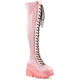 4 1/2" Wedge Pf Lace-Up Thigh-High Boot, Outside Zip Pleaser Demonia SHA374-1/BPHGPT