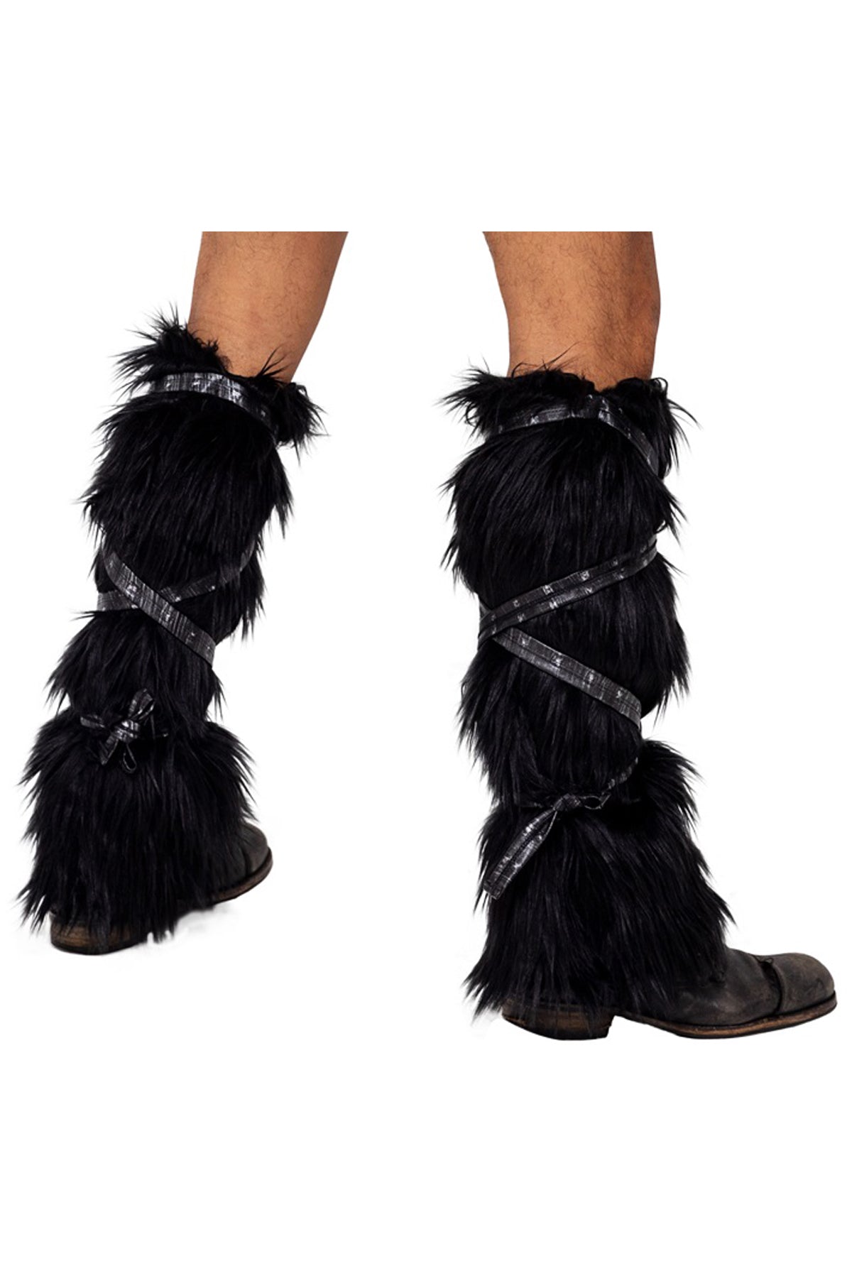 Pair Of Black Faux Fur Leg Warmers With Strap Detail Roma 6170