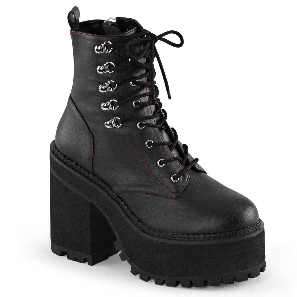 4 3/4" Heel, 2 1/4" Pf D-ring Lace-up Ankle Boot, Side Zip Pleaser Demonia ASSAULT/100