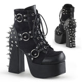 4 1/2" Heel, 2" PF Lace-Up Front Ankle Boot w/ Studs Blk Vegan Leather-Suede Pleaser Demonia CHARADE/100