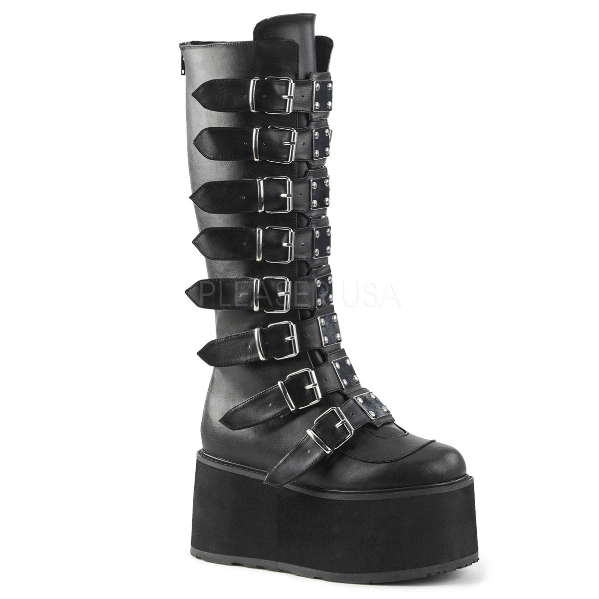 3 1/2" Pf Buckled Strap Knee Boot, Back Zip Pleaser Demonia DAM318/BVL