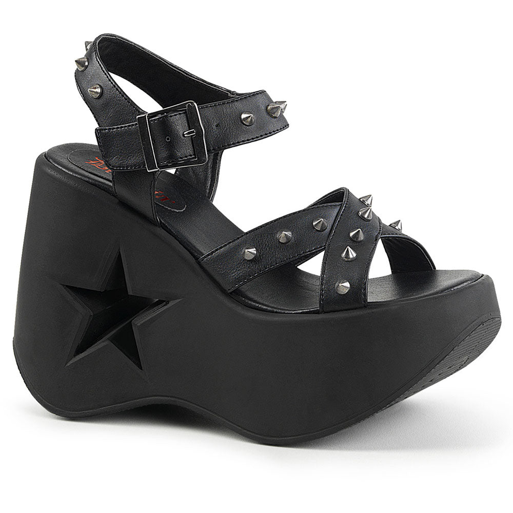 5" Star Cutout Platform Wedge Ankle Strap Sandal Blk Vegan Leather Pleaser Demonia DYNAMITE/02