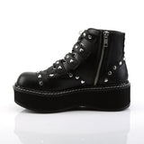 2" Platform Lace-Up Front/ Buckle Strap Ankle Boot, Side Zip Blk Vegan Leather Pleaser Demonia EMI315/BVL