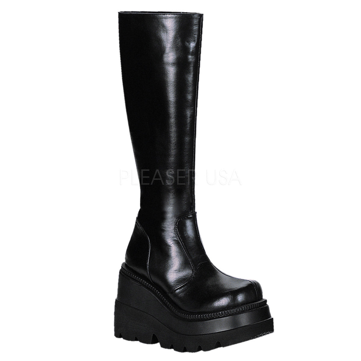 4 1/2" P/F Goth Punk Lolita Blk Pu Knee BT Blk Vegan Leather Pleaser Demonia SHA100/B/PU
