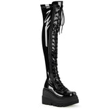 4" Wedge PF Lace-Up Thigh-High Boot, Outside Zip Pleaser Demonia SHAKER/374