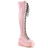 4" Wedge PF Lace-Up Thigh-High Boot, Outside Zip Pleaser Demonia SHAKER/374