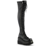 4" Wedge PF Lace-Up Thigh-High Boot, Outside Zip Pleaser Demonia SHAKER/374