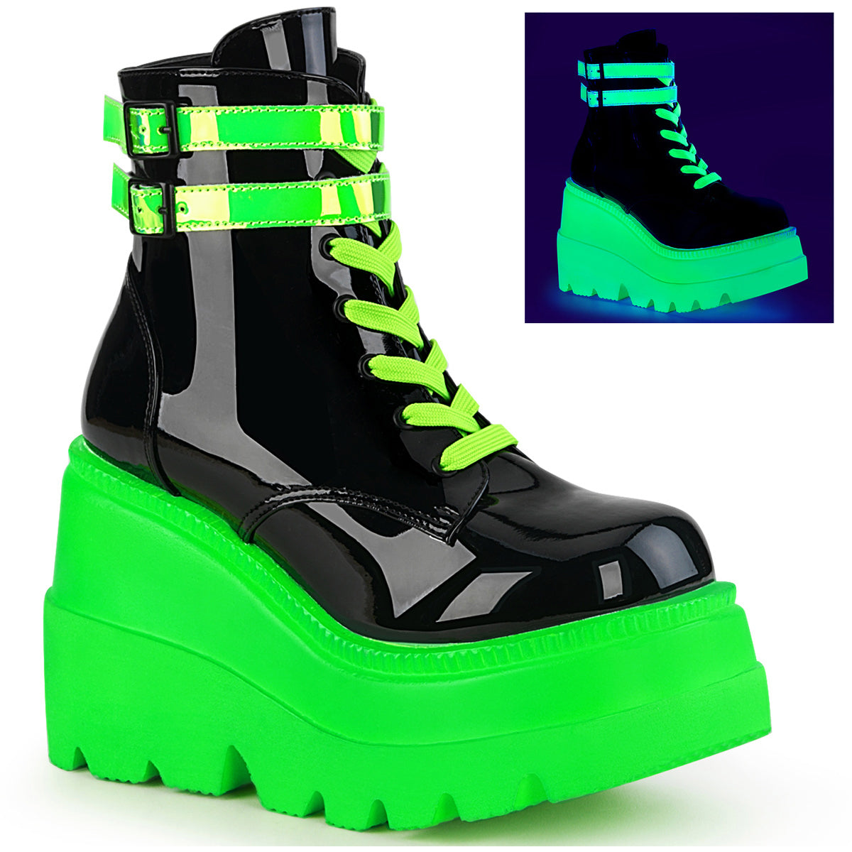 4 1/2" Wedge Pf Lace-up Ankle Boot, Side Zip Pleaser Demonia SHA52/BPT/UVNGN