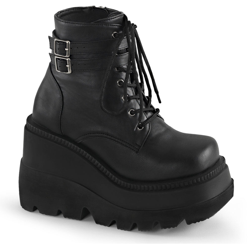4 1/2" Stacked Wedge PF Lace-Up Ankle Boot w/Buckle Straps Blk Vegan Leather Pleaser Demonia SHA52/BVL