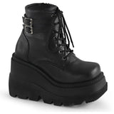 4 1/2" Stacked Wedge PF Lace-Up Ankle Boot w/Buckle Straps Blk Vegan Leather Pleaser Demonia SHA52/BVL