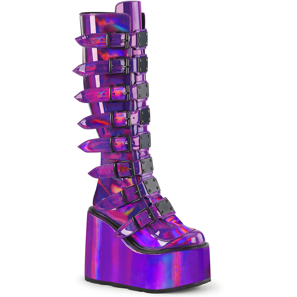 5 1/2" Pf Knee High Boot W/ 8 Buckle Straps, Back Metal Zip Pleaser Demonia SWI815/PPHG
