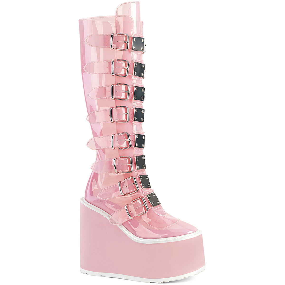 5 1/2" Pf Knee High Boot W/ 8 Buckle Straps, Back Metal Zip Pleaser Demonia SWING/815C