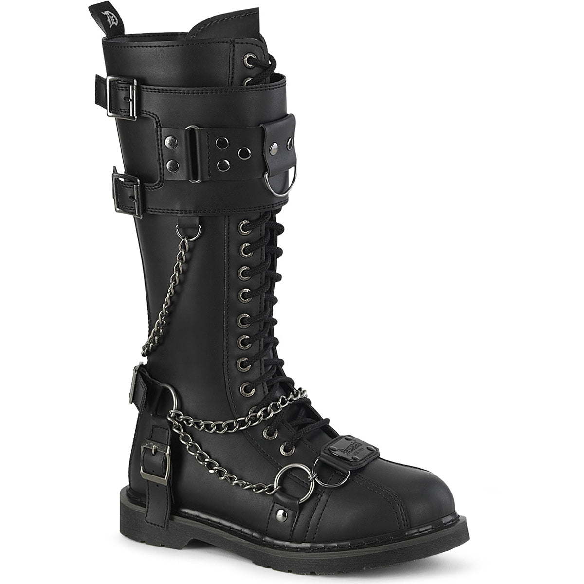 1 1/4" Heel 20 Eyelet Knee High Combat Boot, Side Zip Pleaser Demonia BOLT/415