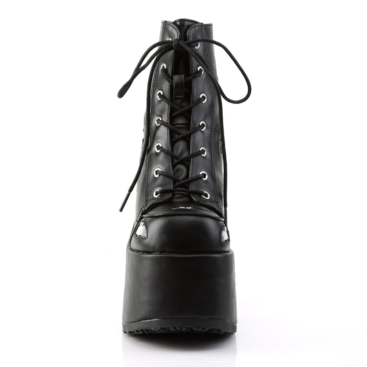 5" Chunky Heel, 3" P/F Lace-Up Ankle Boot, Metal Back Zip Blk-Slv Hologram Vegan Leather Pleaser Demonia CAMEL/201