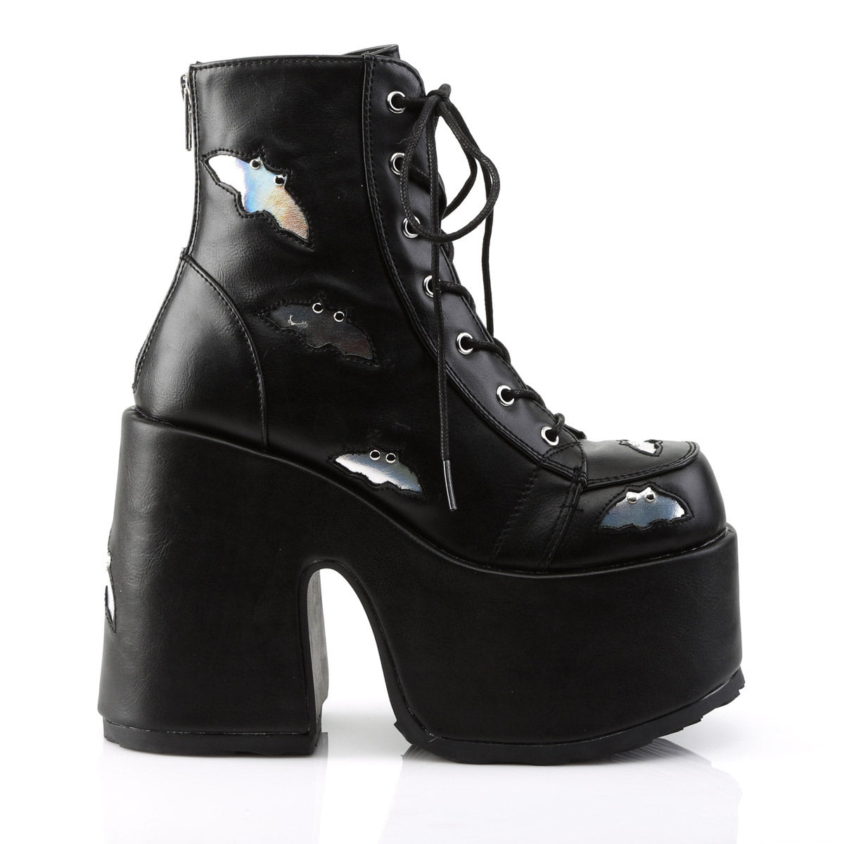 5" Chunky Heel, 3" P/F Lace-Up Ankle Boot, Metal Back Zip Blk-Slv Hologram Vegan Leather Pleaser Demonia CAMEL/201