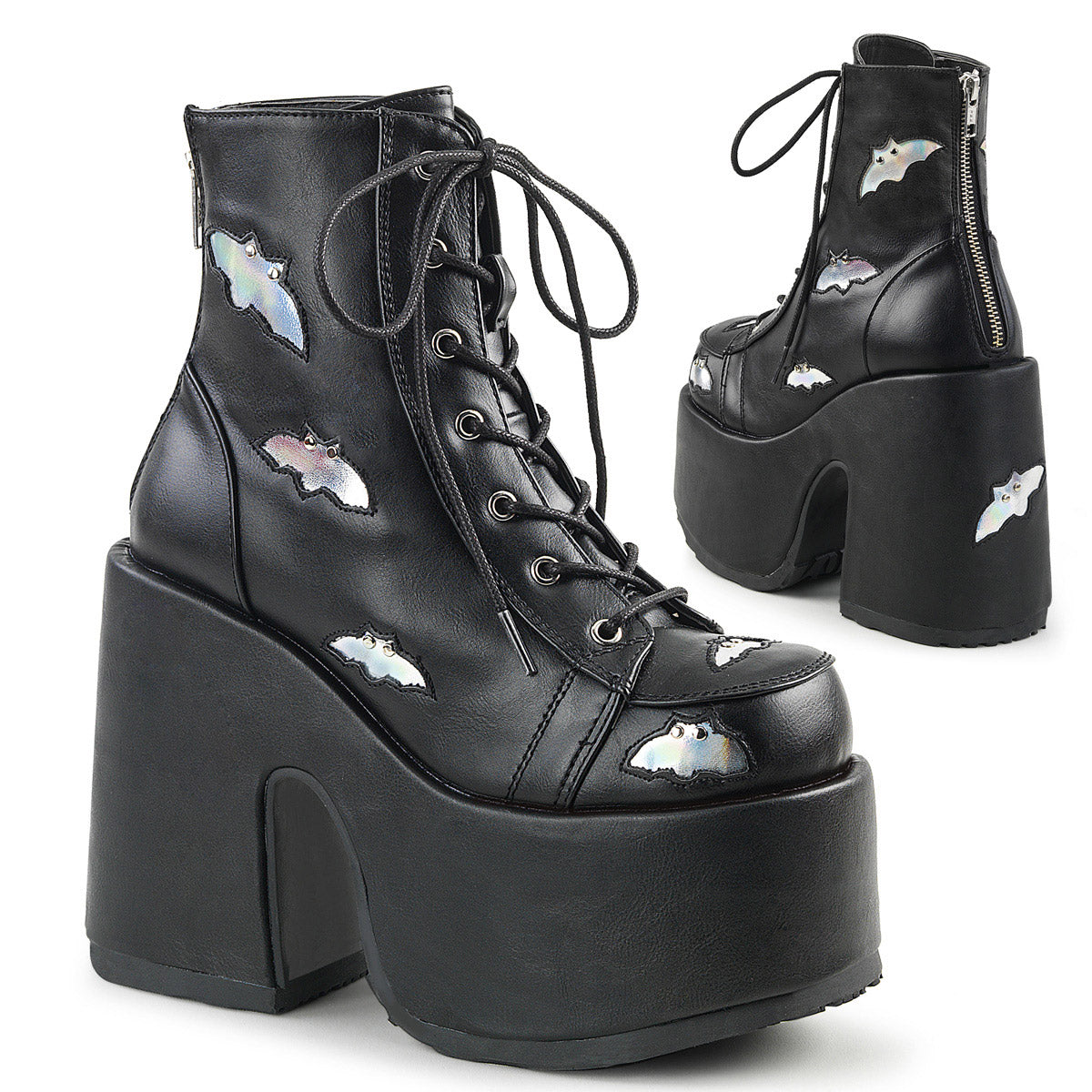 5" Chunky Heel, 3" P/F Lace-Up Ankle Boot, Metal Back Zip Blk-Slv Hologram Vegan Leather Pleaser Demonia CAMEL/201