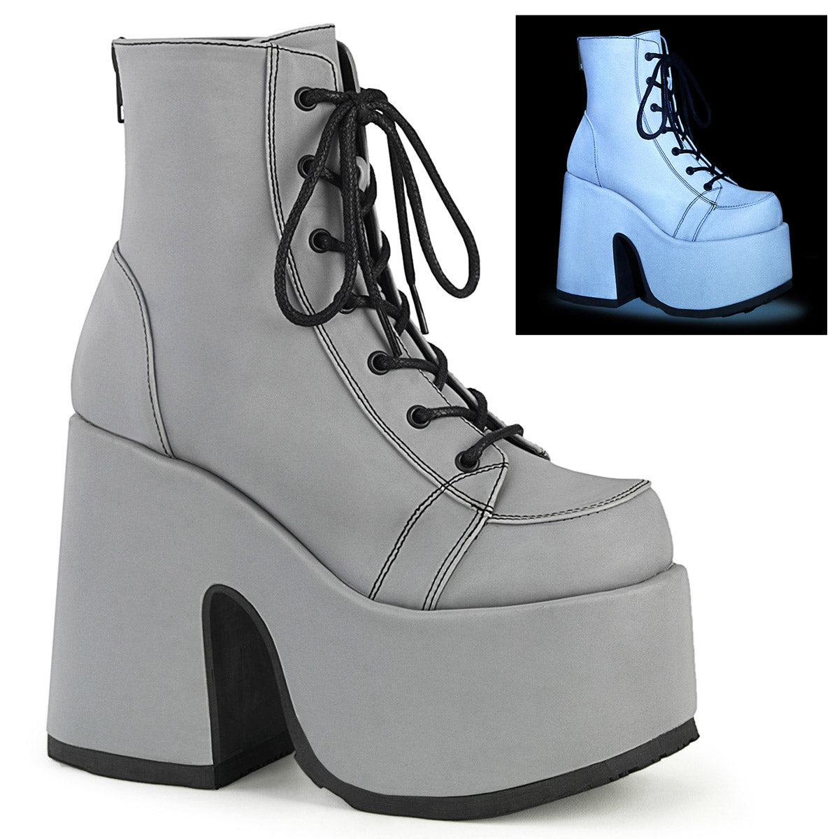 5" Chunky Heel, 3" PF Lace-Up Ankle Boot, Metal Back Zip Pleaser Demonia CAMEL/203