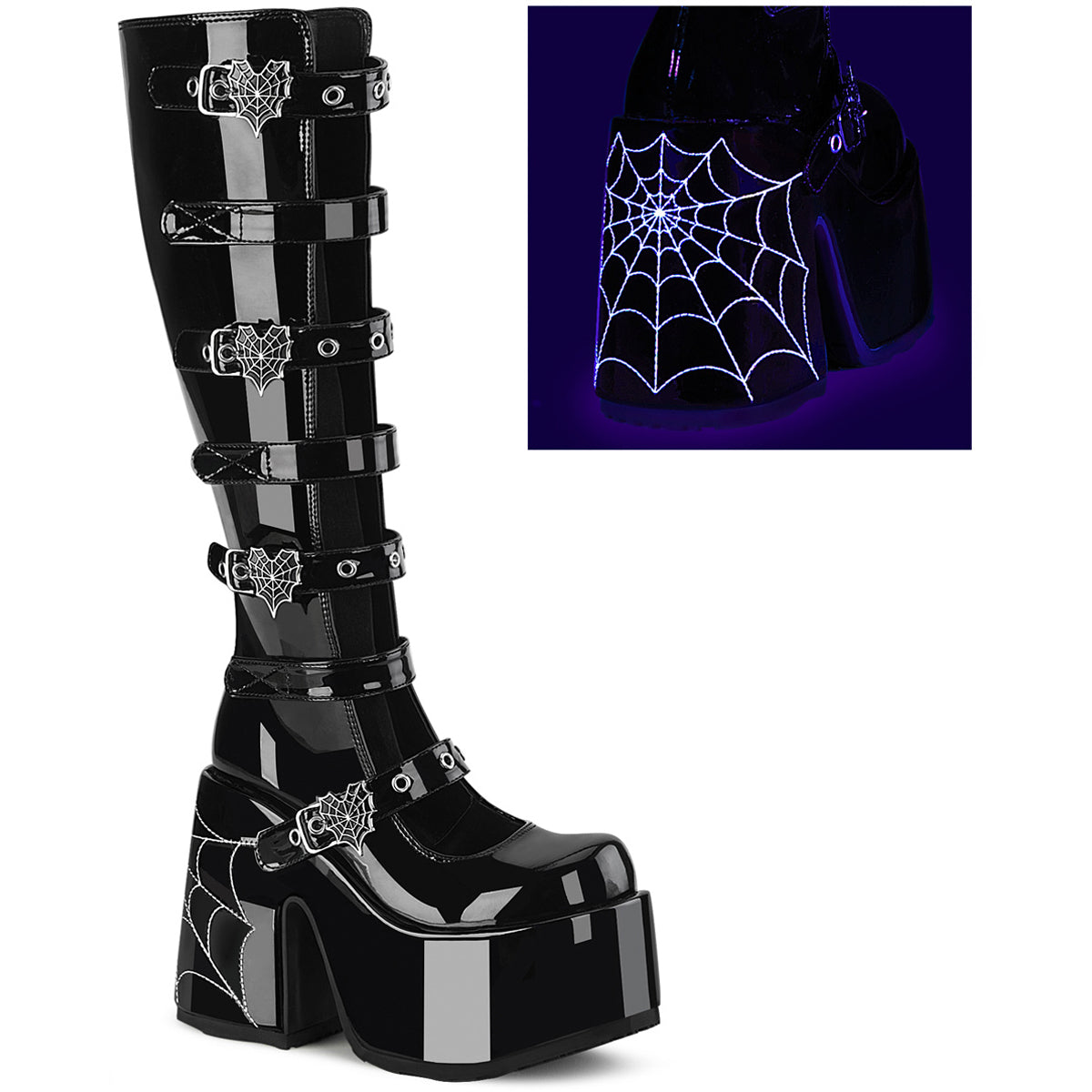 5" Chunky Heel, 3" P/F Open Front Knee High Bt, Inside Zip Pleaser Demonia CAMEL/223