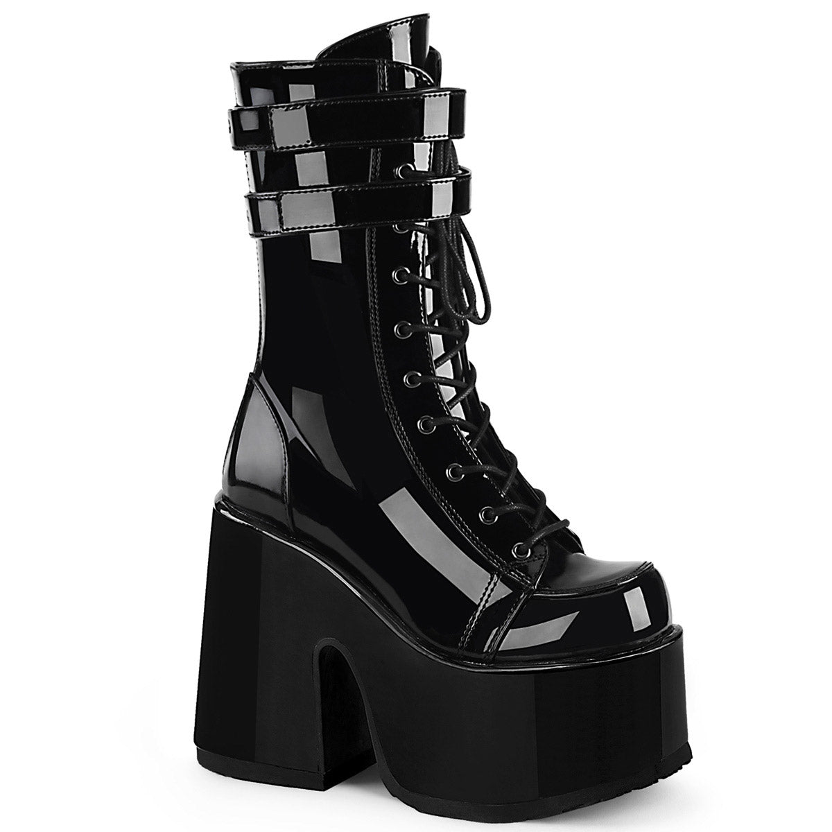 5" Chunky Heel, 3" P/F Lace-Up Mid-Calf Boot, Back Zip Pleaser Demonia CAMEL/250
