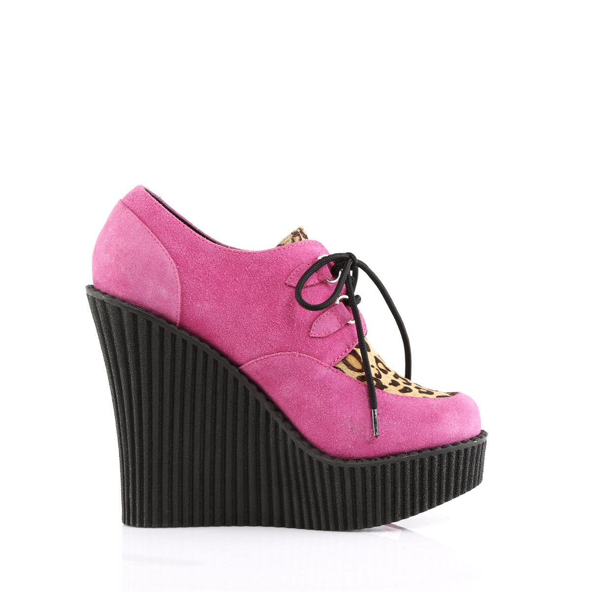 5 1/4" Wedge PF Lace-Up Creeper w/Leopard Print Accents H.Pink Vegan Suede-Leopard Printed Pony Hair Pleaser Demonia CREEPER/304
