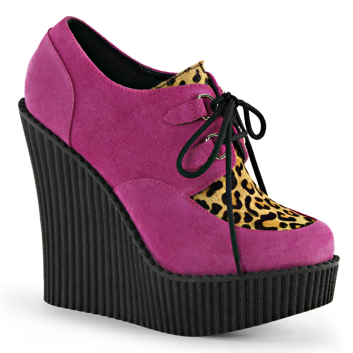 5 1/4" Wedge PF Lace-Up Creeper w/Leopard Print Accents H.Pink Vegan Suede-Leopard Printed Pony Hair Pleaser Demonia CREEPER/304