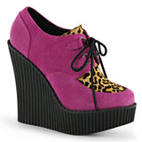 5 1/4" Wedge PF Lace-Up Creeper w/Leopard Print Accents H.Pink Vegan Suede-Leopard Printed Pony Hair Pleaser Demonia CREEPER/304