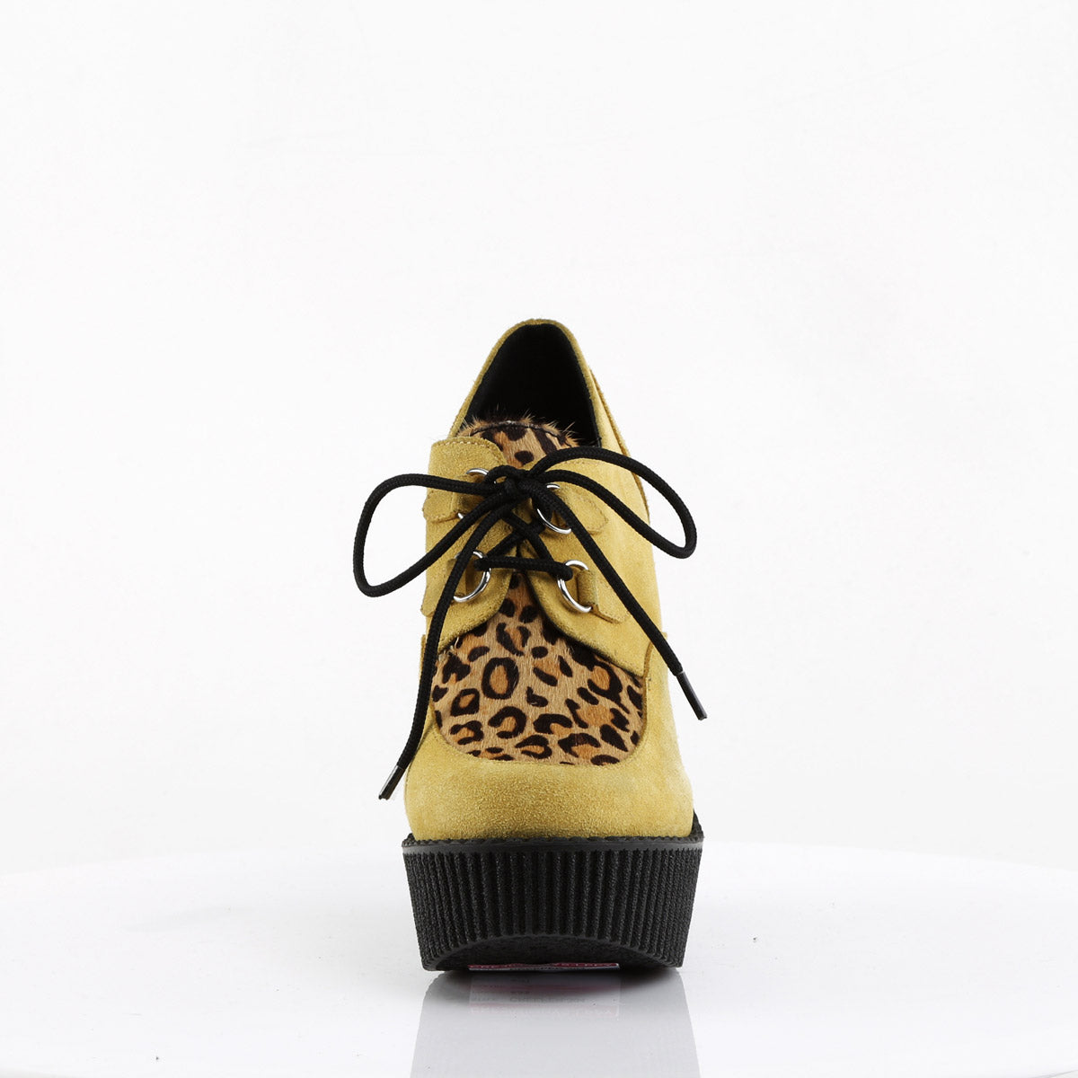 5 1/4" Wedge PF Lace-Up Creeper w/Leopard Print Accents Mustard Vegan Suede-Leopard Printed Ponly Hair Pleaser Demonia CREEPER/304