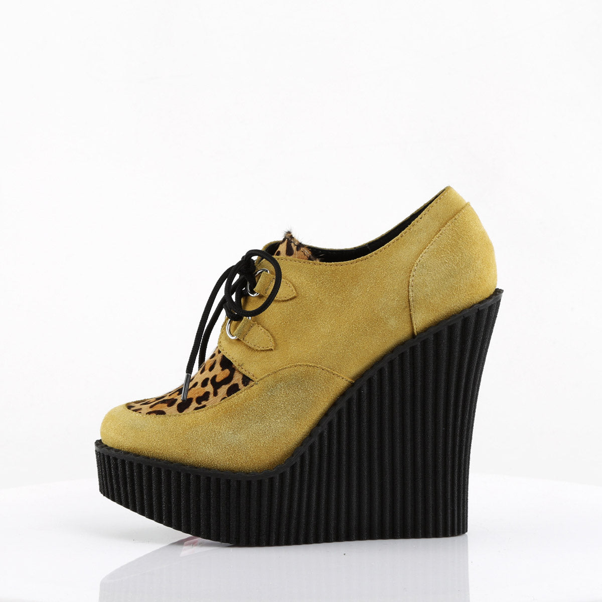 5 1/4" Wedge PF Lace-Up Creeper w/Leopard Print Accents Mustard Vegan Suede-Leopard Printed Ponly Hair Pleaser Demonia CREEPER/304