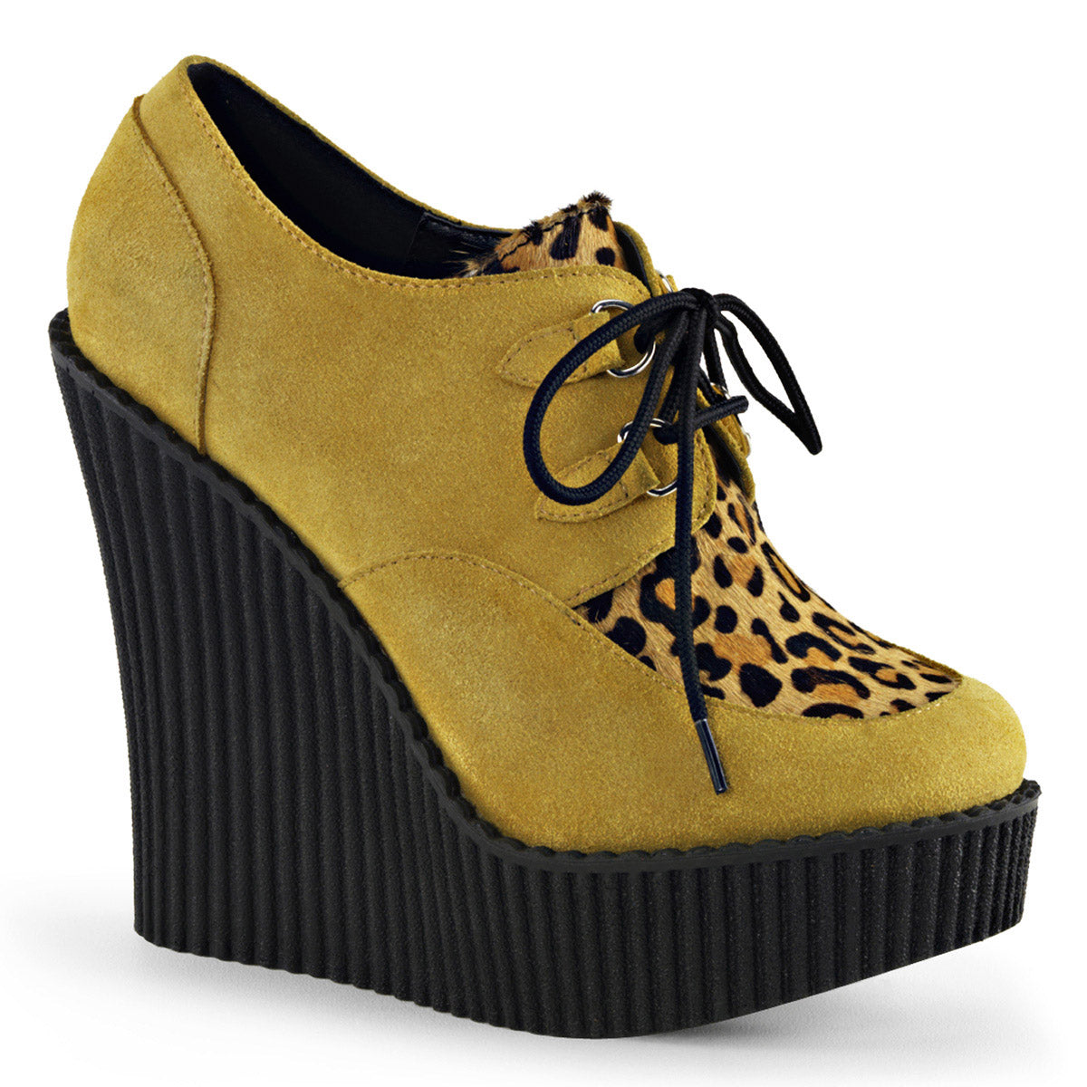 5 1/4" Wedge PF Lace-Up Creeper w/Leopard Print Accents Mustard Vegan Suede-Leopard Printed Ponly Hair Pleaser Demonia CREEPER/304