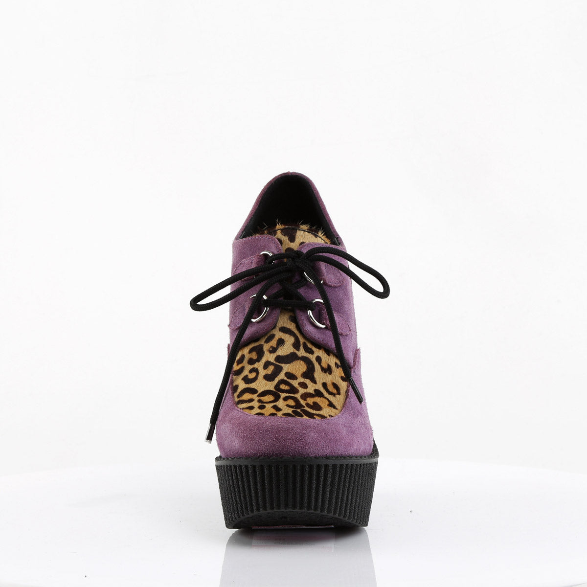 5 1/4" Wedge PF Lace-Up Creeper w/Leopard Print Accents Purple Vegan Suede-Leopard Printed Pony Hair Pleaser Demonia CREEPER/304