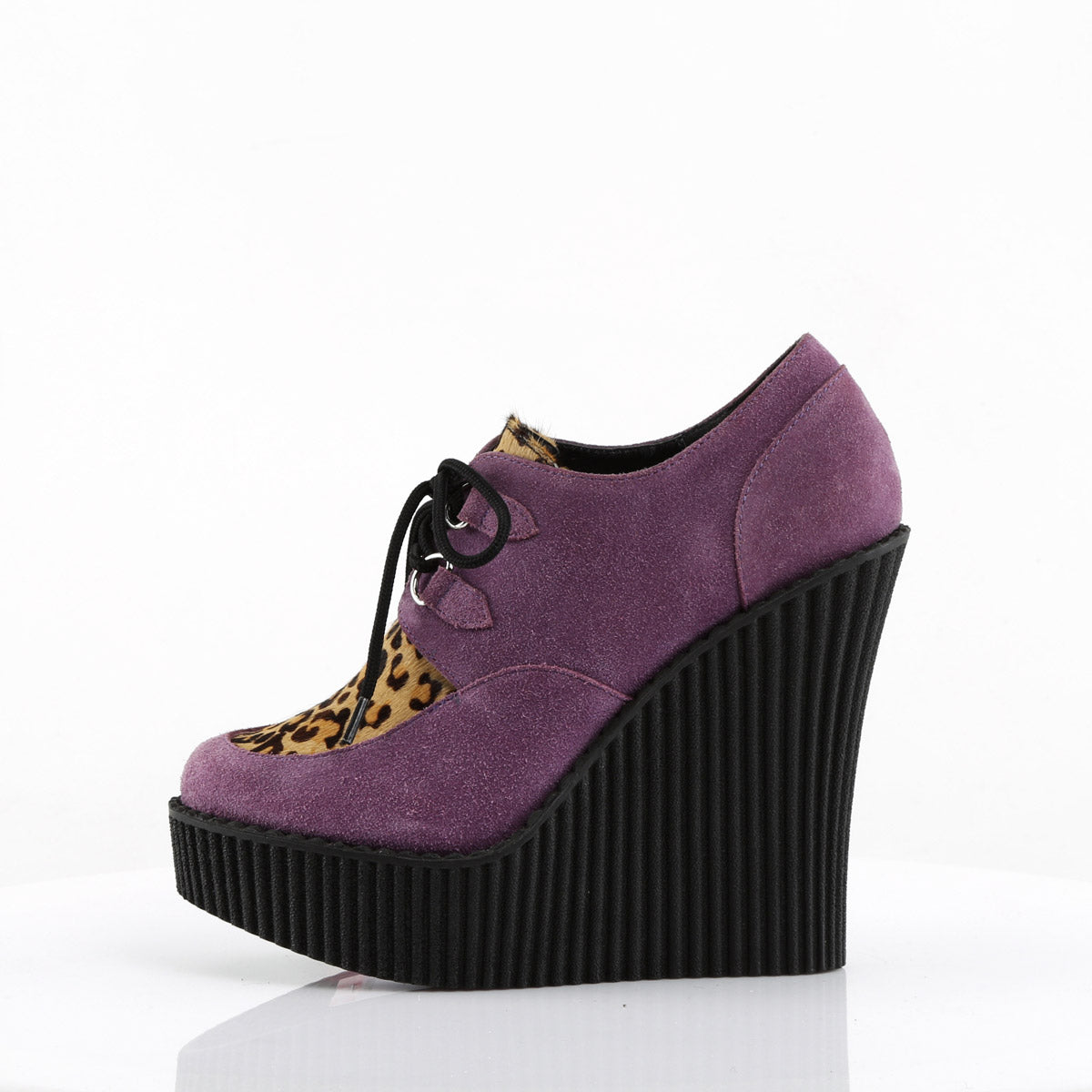 5 1/4" Wedge PF Lace-Up Creeper w/Leopard Print Accents Purple Vegan Suede-Leopard Printed Pony Hair Pleaser Demonia CREEPER/304
