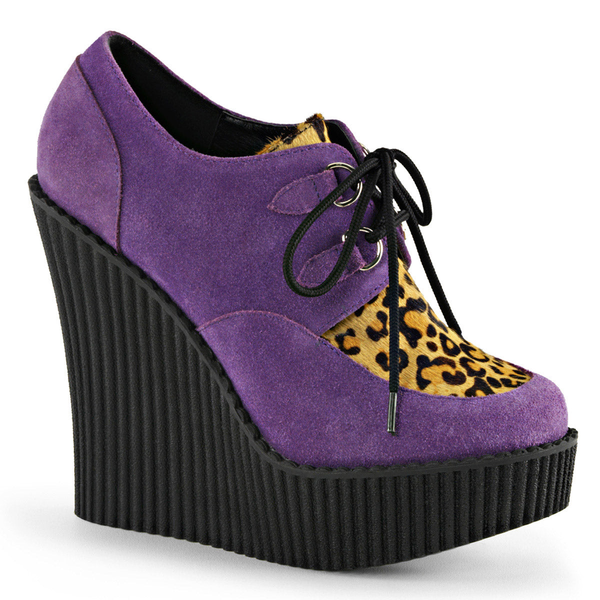5 1/4" Wedge PF Lace-Up Creeper w/Leopard Print Accents Purple Vegan Suede-Leopard Printed Pony Hair Pleaser Demonia CREEPER/304