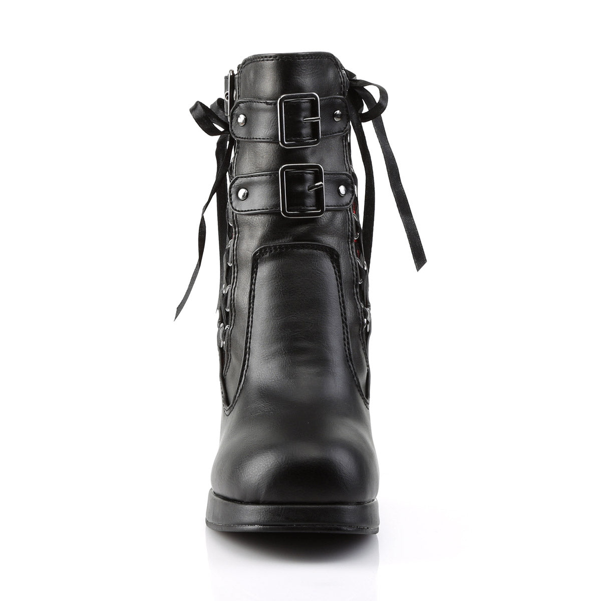 4" Heel, 3/4" P/F Corseted Triple Buckled Straps Ankle Boot Blk-Red Lace Vegan Leather Pleaser Demonia CRYPTO/51