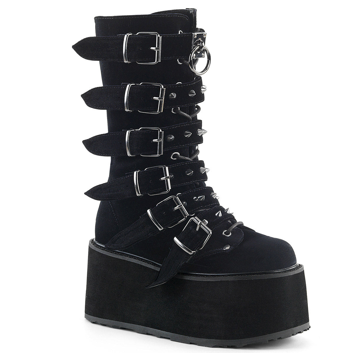 3 1/2" PF Mid-Calf Boot w/ 6 Buckle Straps, Metal Side Zip Pleaser Demonia DAMNED/225