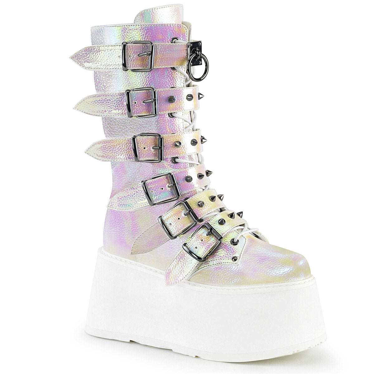 3 1/2" PF Mid-Calf Boot w/ 6 Buckle Straps, Metal Side Zip Pleaser Demonia DAMNED/225
