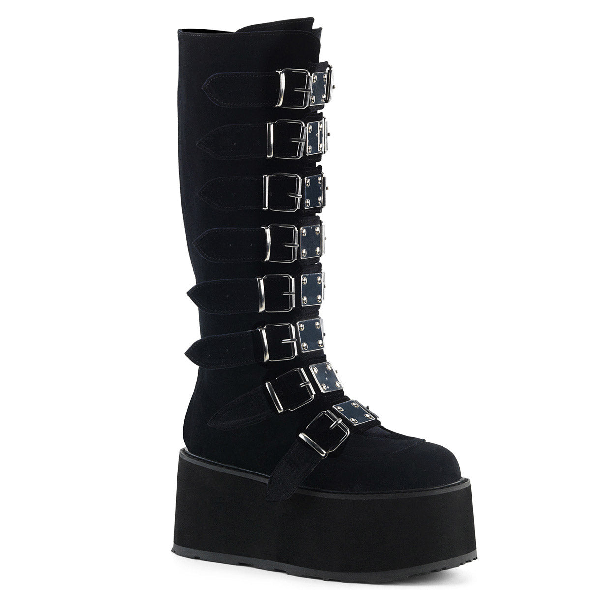 3 1/2" PF Knee High Boot w/ 8 Buckle Straps, Back Metal Zip Pleaser Demonia DAMNED/318