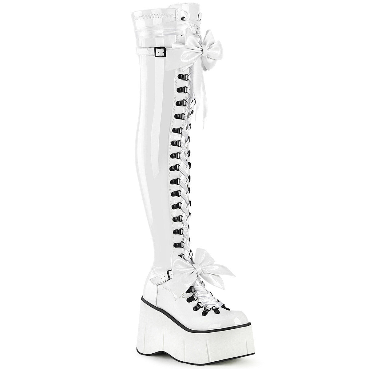 4" Wedge PF Lace-Up Stretch Thigh Boot, Side Zip Pleaser Demonia KERA/303