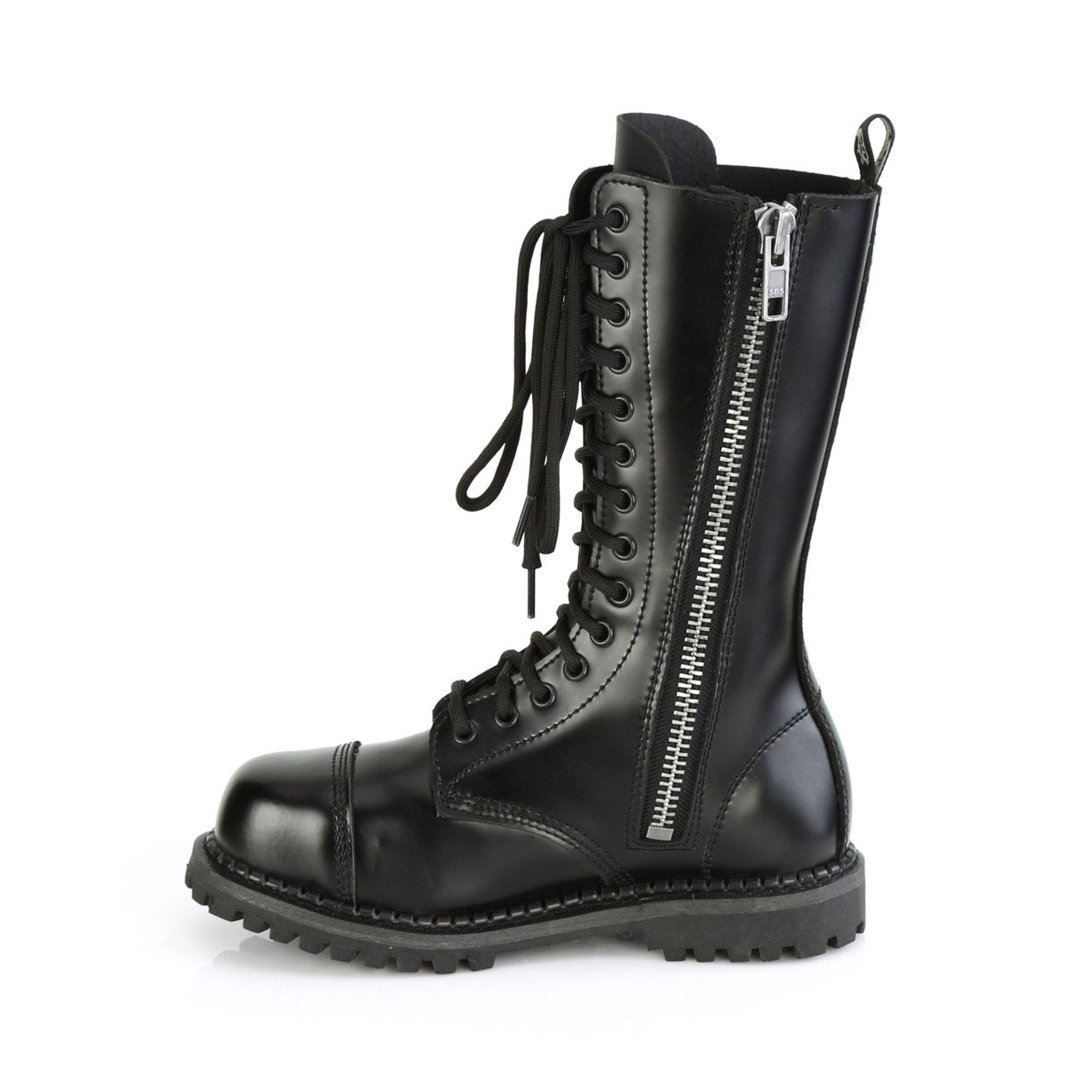 14 Eyelet Unisex Steel Toe Mid Calf Boot, Rubber Sole Pleaser Demonia RIOT/14