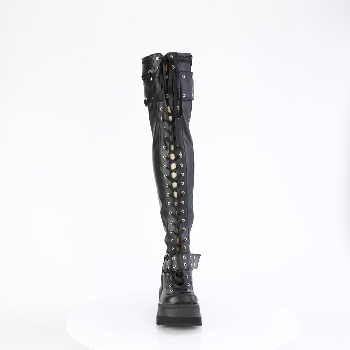 4 1/2" Wedge Pf Lace-Up Stretch Thigh High Boot, Side Zip Pleaser Demonia SHAKER/325