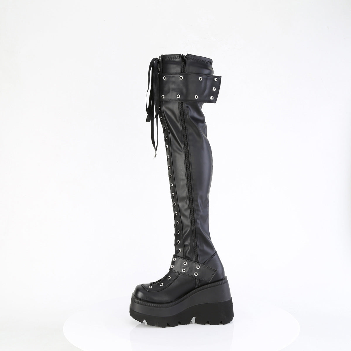 4 1/2" Wedge Pf Lace-Up Stretch Thigh High Boot, Side Zip Pleaser Demonia SHAKER/325
