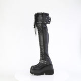 4 1/2" Wedge Pf Lace-Up Stretch Thigh High Boot, Side Zip Pleaser Demonia SHAKER/325