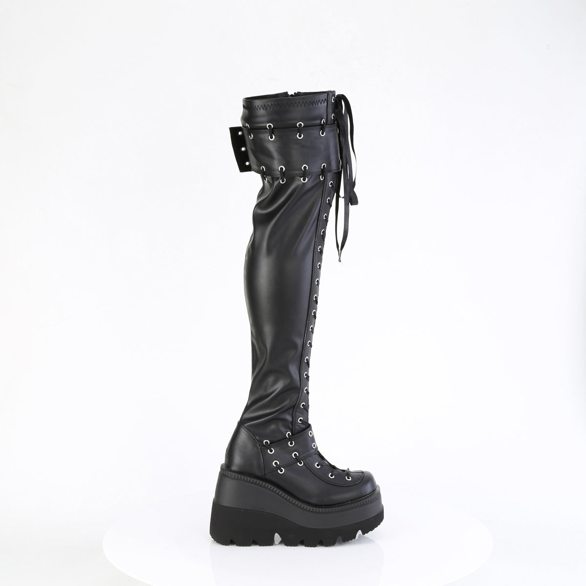 4 1/2" Wedge Pf Lace-Up Stretch Thigh High Boot, Side Zip Pleaser Demonia SHAKER/325