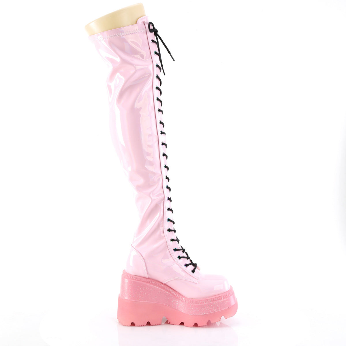 4 1/2" Wedge Pf Lace-Up Thigh-High Boot, Outside Zip Pleaser Demonia SHA374-1/BPHGPT