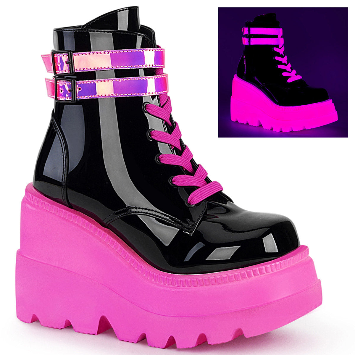 4" Wedge PF Lace-Up Ankle Boot, Side Zip Pleaser Demonia SHAKER/52