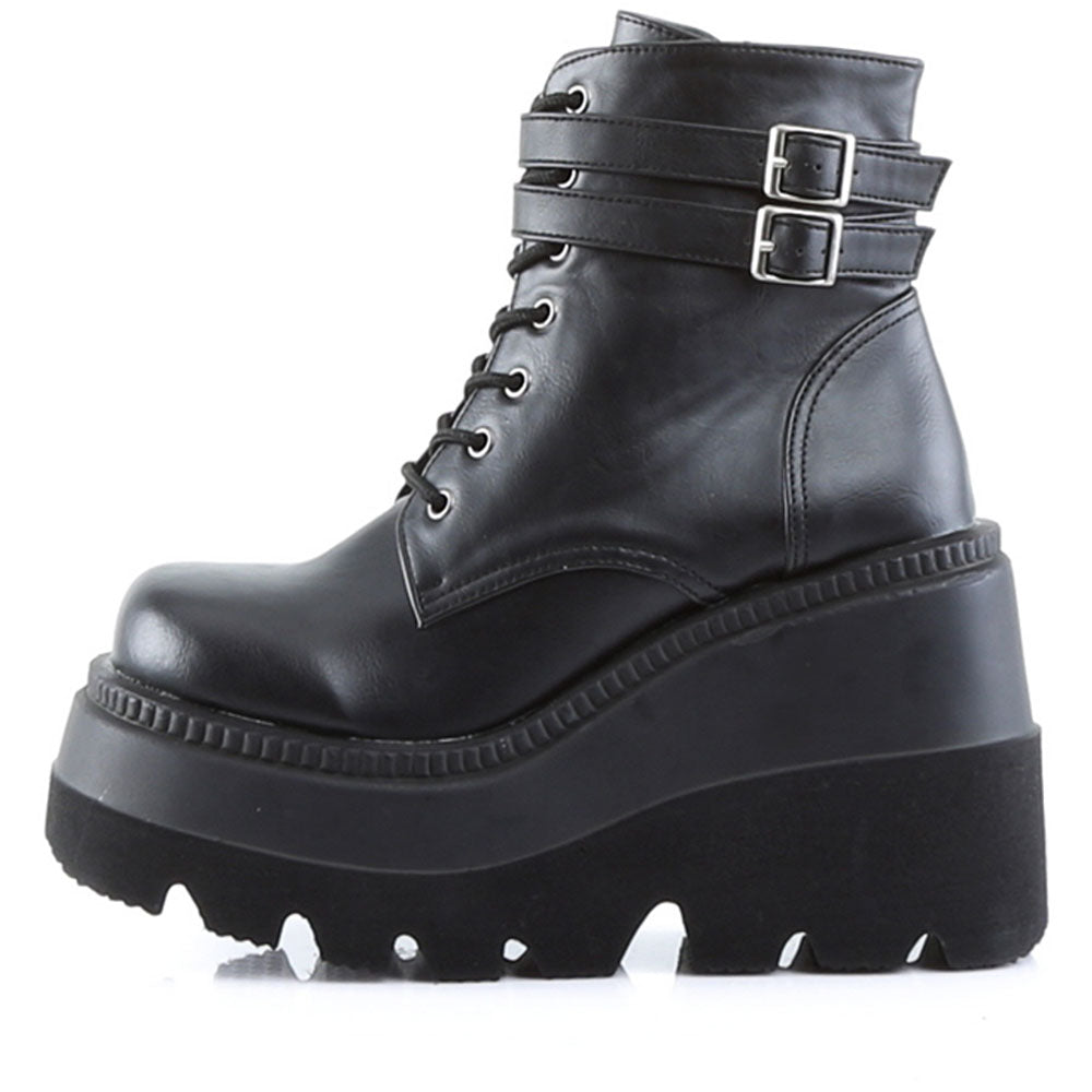 4" Stacked Wedgepf Lace-Upankle Boot W/Bucklestraps Pleaser Demonia SHAKER/52